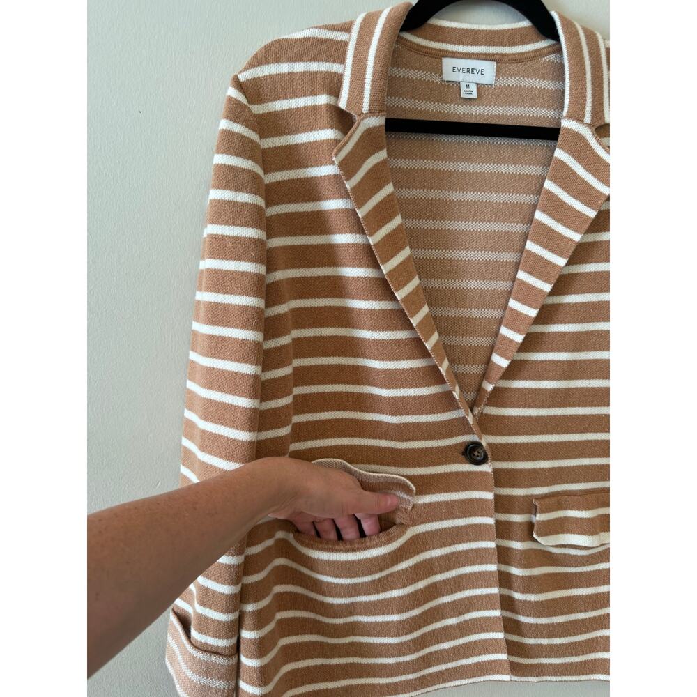 Evereve Knit Sweater Blazer Tan White Striped Cotton Blend Jacket Size M - Picture 2 of 7
